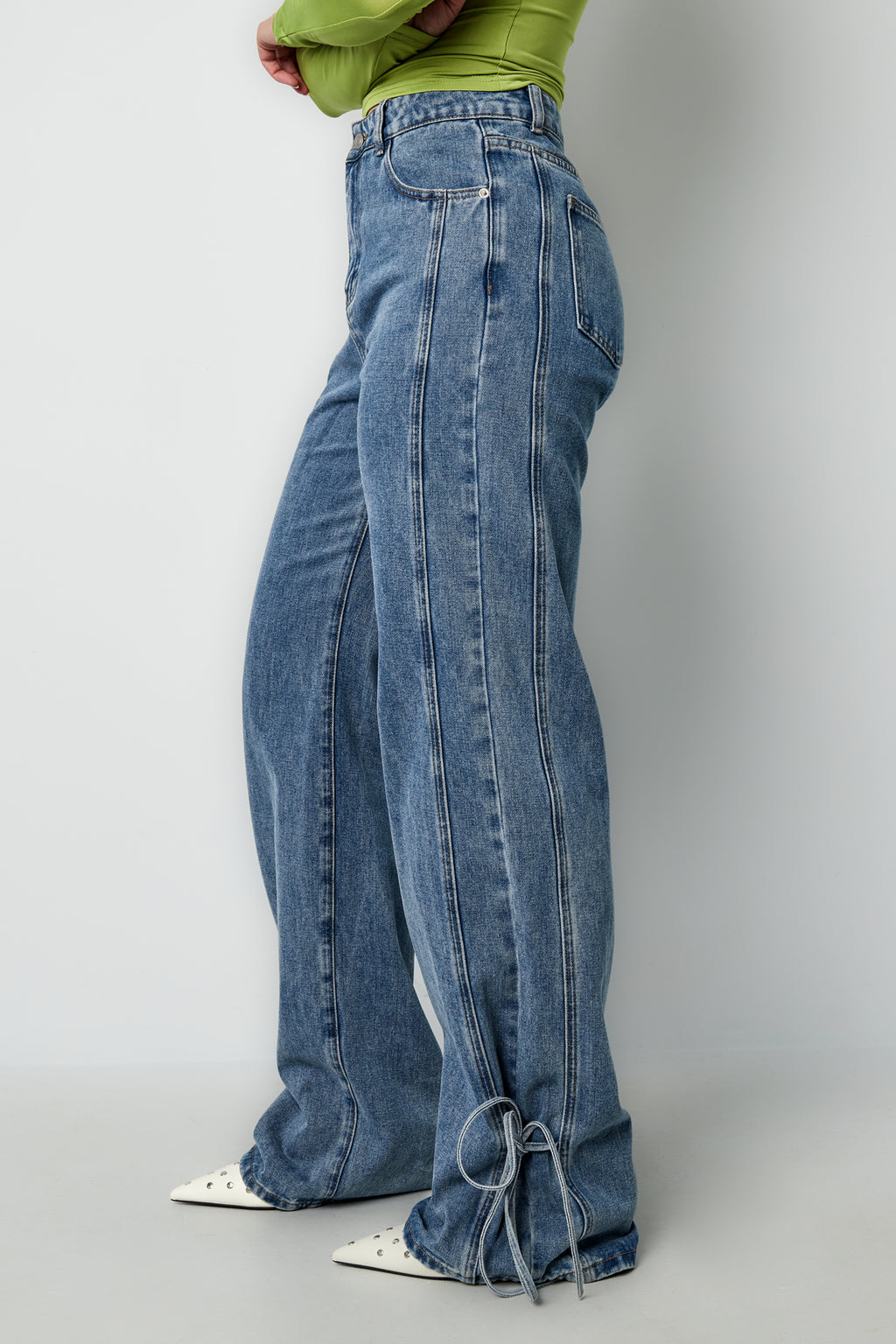 Cotton Woven Women's Straight Leg Denim Pants Casual Knot Detail