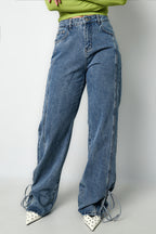 Cotton Woven Women's Straight Leg Denim Pants Casual Knot Detail