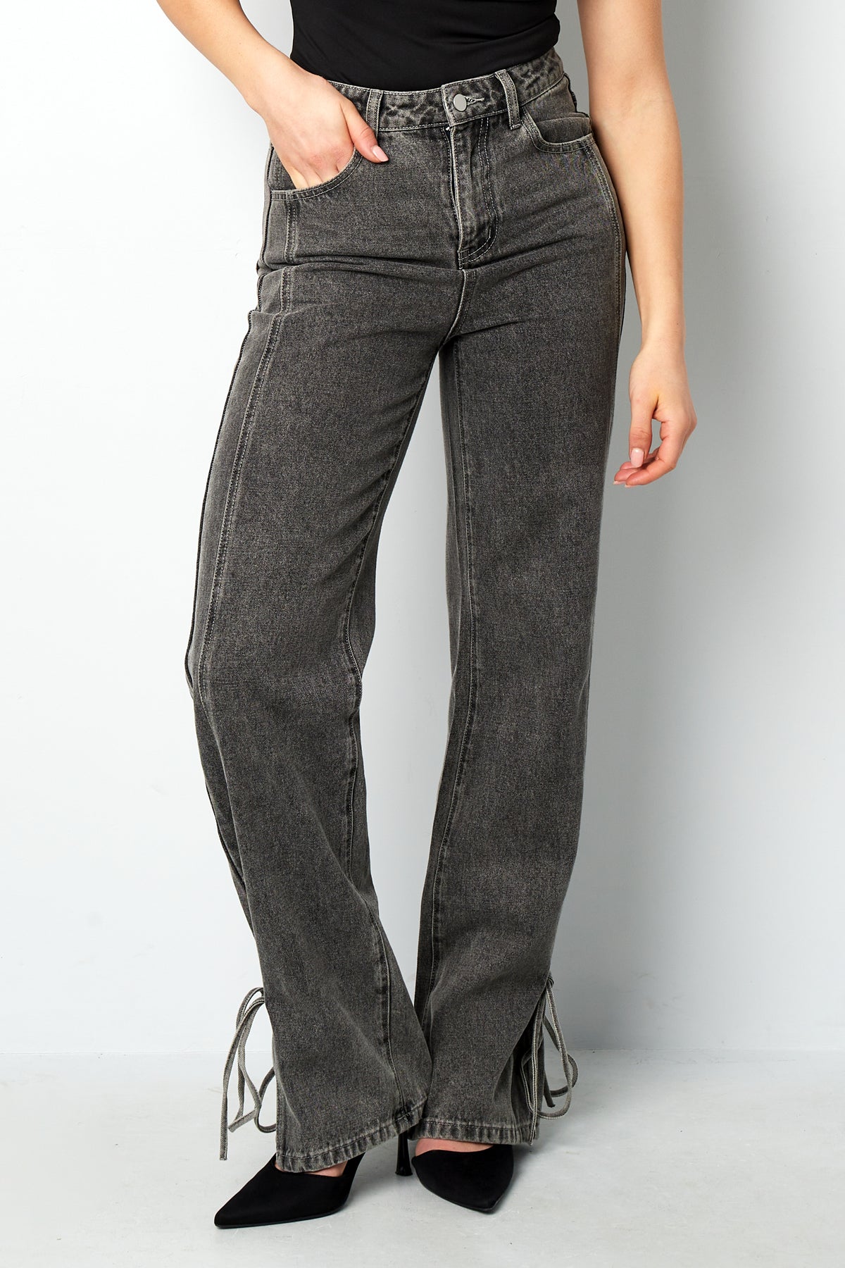 Cotton Woven Women's Straight Leg Denim Pants Casual Knot Detail