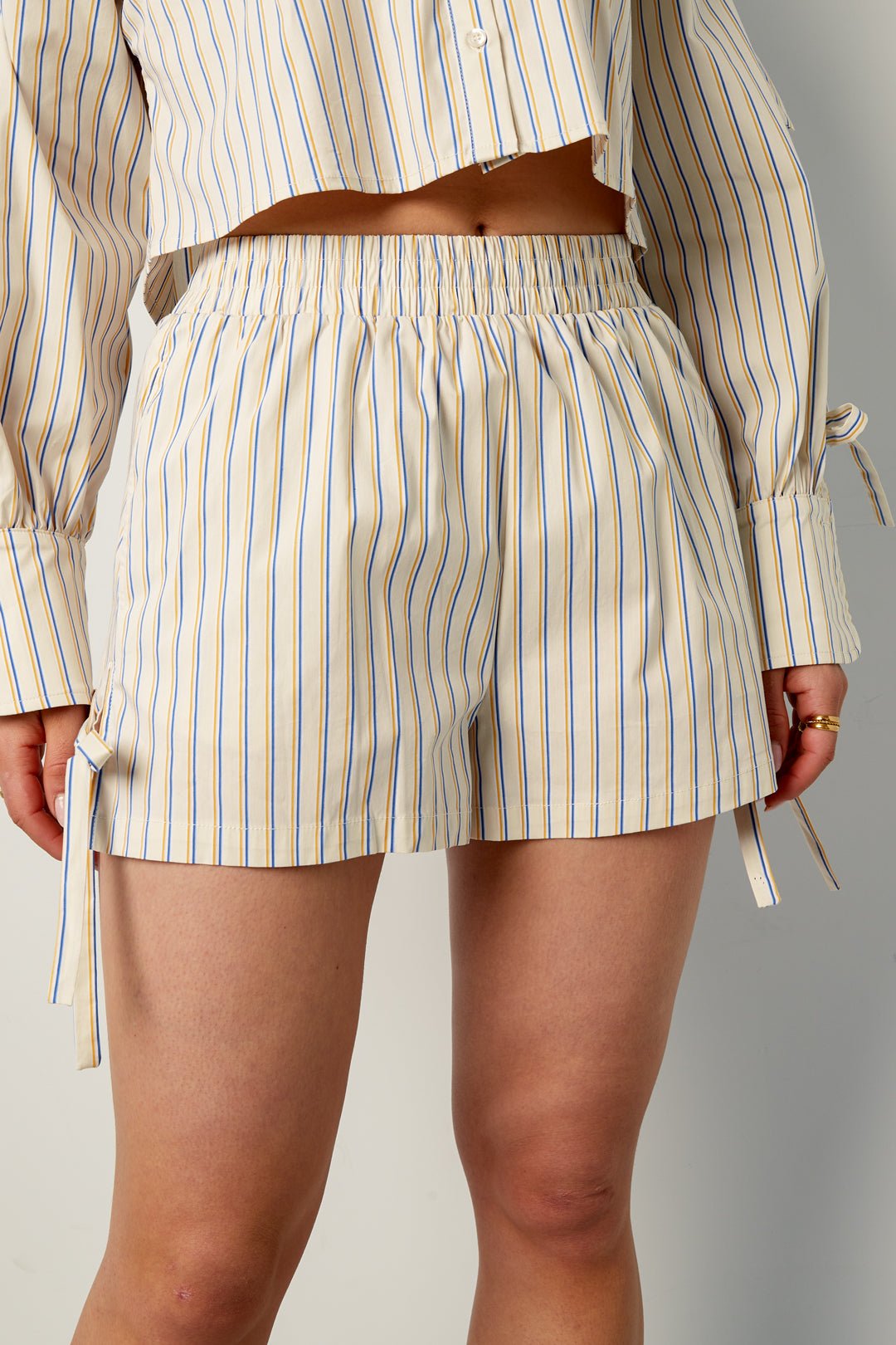 Cotton Woven Women's Shorts Casual Stripes Tie - up - Ella