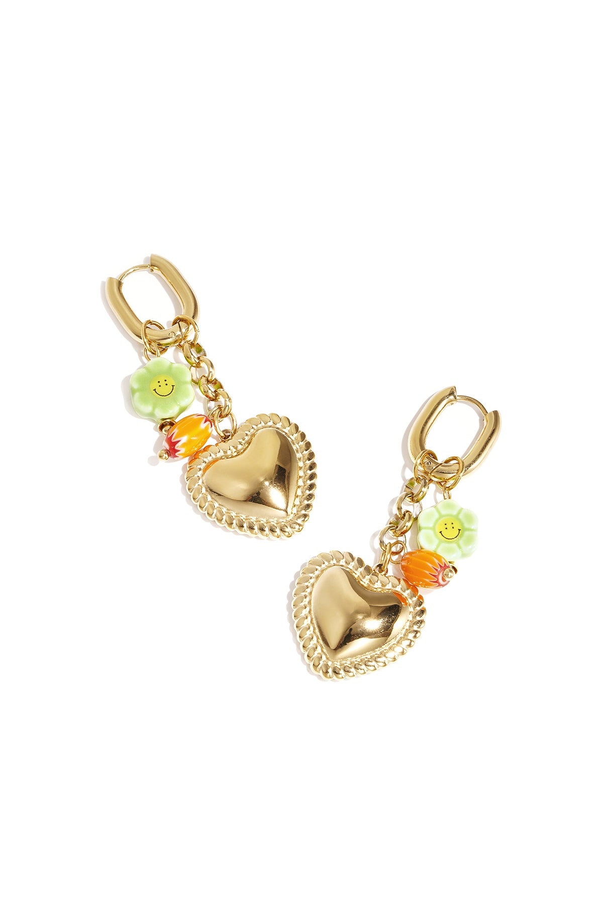 Earrings with colorful beads and detailed heart charm