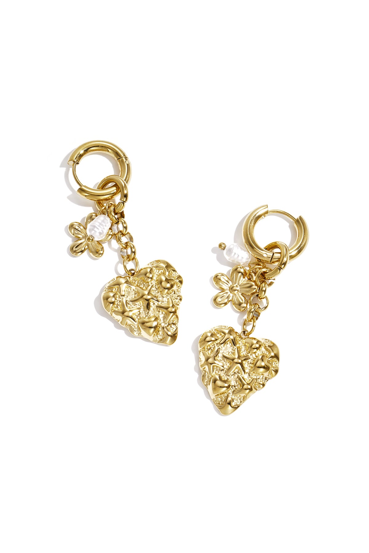 Earrings with flower heart and pearl pendant