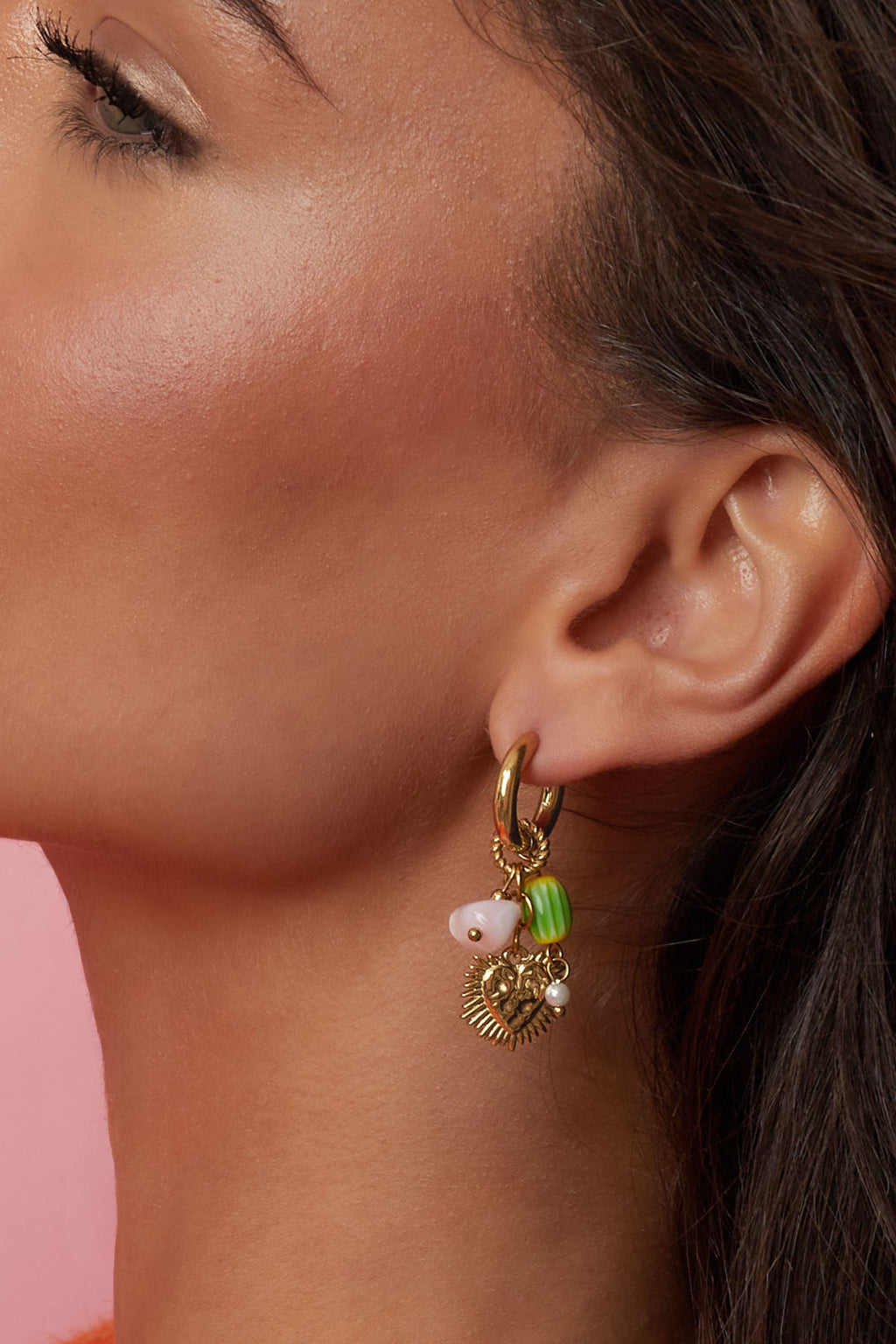 Earrings with heart and colorful bead pendants