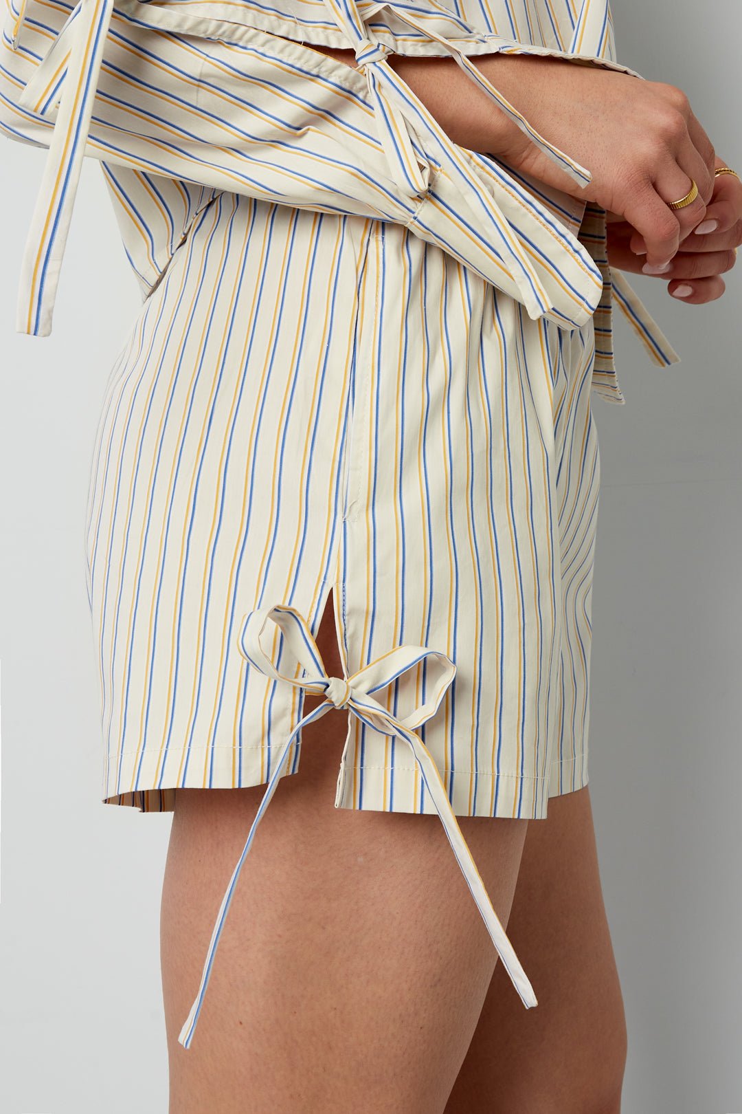 Cotton Woven Women's Shorts Casual Stripes Tie - up - Ella