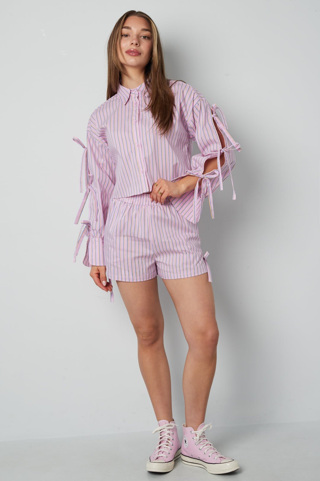 Cotton Woven Women's Shorts Casual Stripes Tie - up - Ella