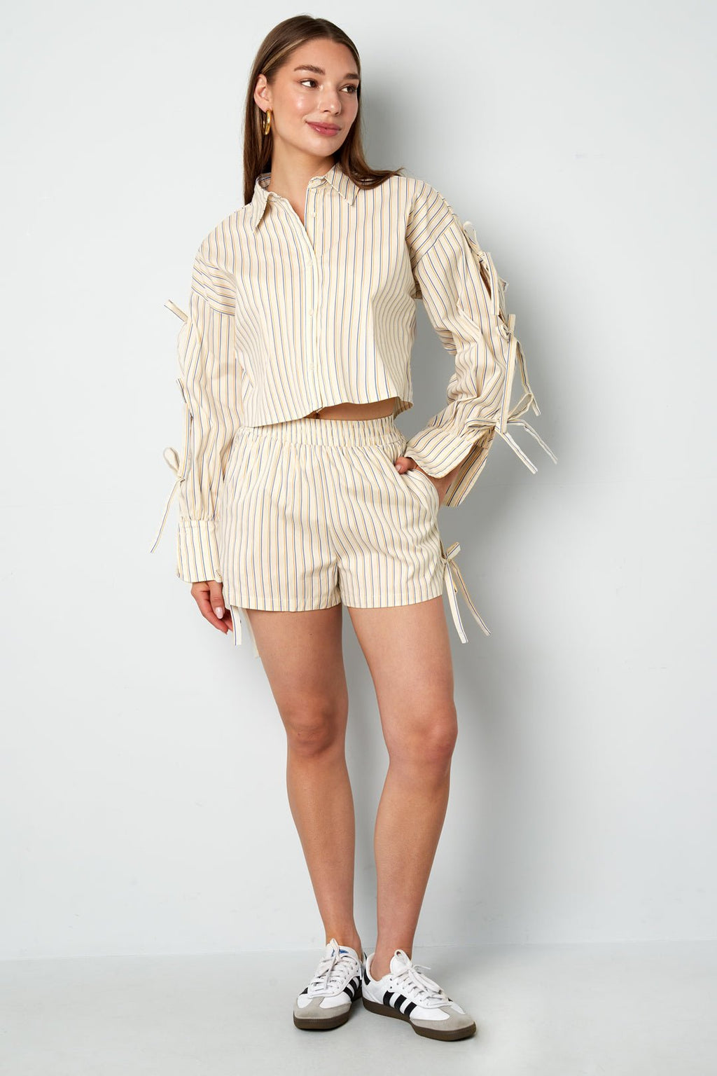 Cotton Woven Women's Shorts Casual Stripes Tie - up - Ella