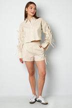 Cotton Woven Women's Shorts Casual Stripes Tie - up - Ella